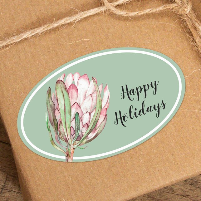 Tropical Pink Protea Floral on Mint Oval Sticker (Creator Uploaded)