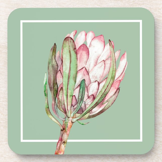 Tropical Pink Protea Floral on Mint Plastic Beverage Coaster (Front)