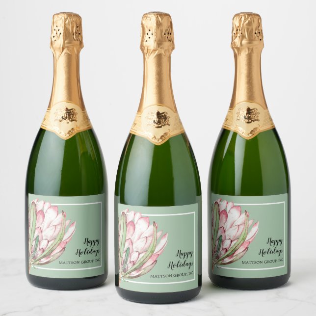 Tropical Pink Protea Floral on Mint Sparkling Wine Label (Bottles)