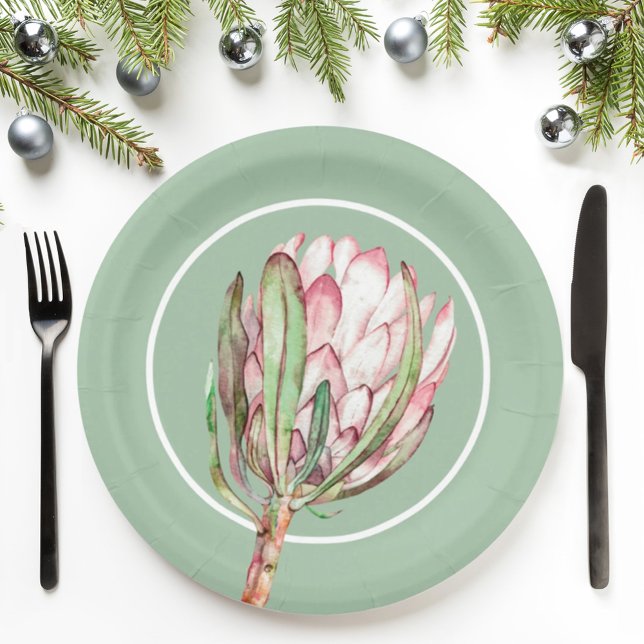Tropical Pink Protea Floral Party Paper Plates (Creator Uploaded)