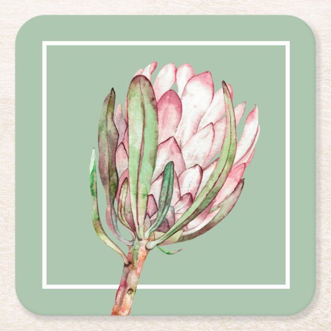 Tropical Pink Protea Floral Party Square Paper Coaster (Front)