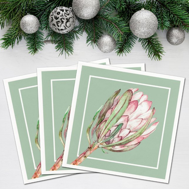 Tropical Pink Protea Flower on Mint Party Napkins (Creator Uploaded)