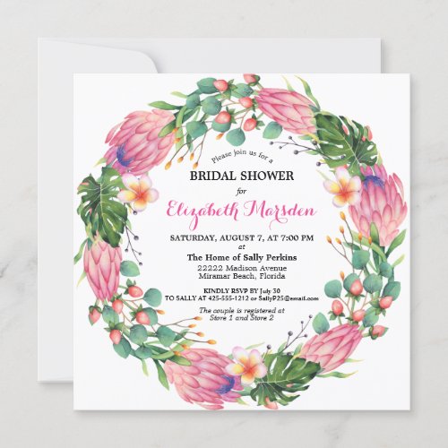 Tropical Pink Protea Greenery Floral Bridal Shower Invitation