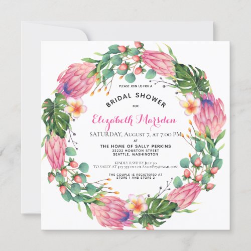 Tropical Pink Protea Greenery Floral Bridal Shower Invitation