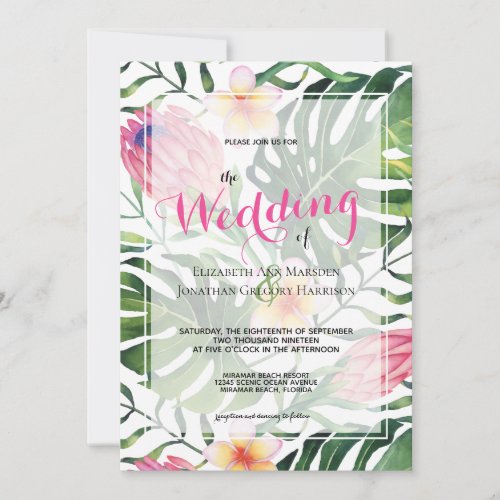 Tropical Pink Protea Greenery Floral Wedding Invitation