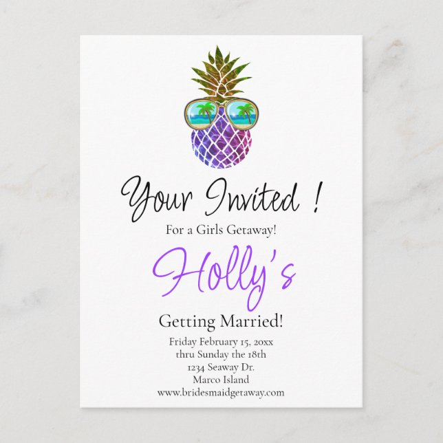 Tropical pink purple pineapple Bachelorette invite (Front)