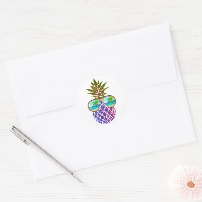 Tropical pink purple pineapple classic round sticker (Envelope)