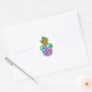 Tropical pink purple pineapple classic round sticker