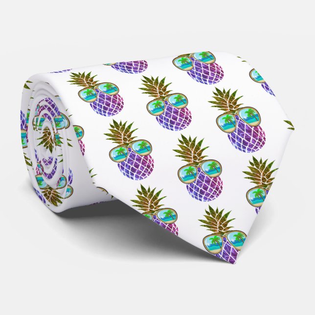 Tropical pink purple pineapple neck tie (Rolled)