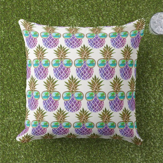 Tropical pink purple pineapple outdoor pillow (Grass)