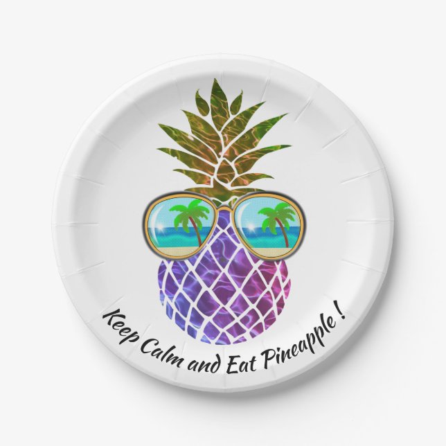 Tropical pink purple pineapple paper plates (Front)