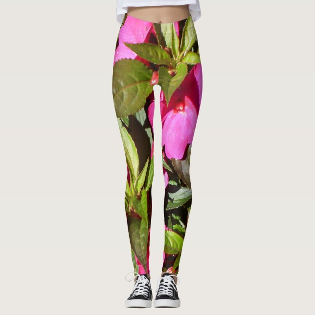 Tropical Pink Red and Green Botanical Statement Leggings (Front)