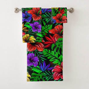 Tropical Pink Red Blue Yellow Hibiscus Flower Bath Towel Set