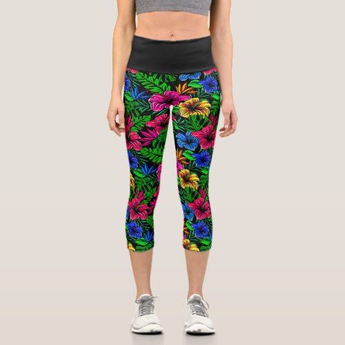 Tropical Pink Red Blue Yellow Hibiscus Flower Capri Leggings