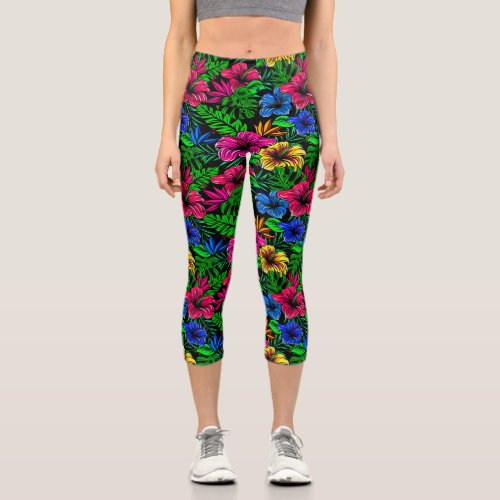 Tropical Pink Red Blue Yellow Hibiscus Flower Capri Leggings