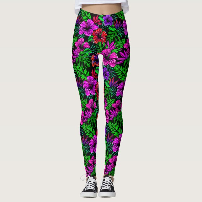 Tropical Pink Red Purple Hibiscus Flower Leggings (Front)