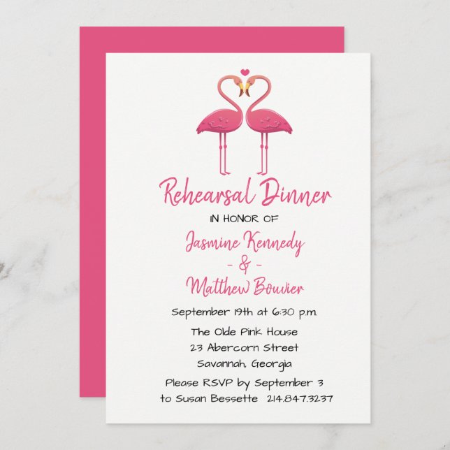 Tropical Pink Rehearsal Dinner Flamingo Wedding Invitation (Front/Back)