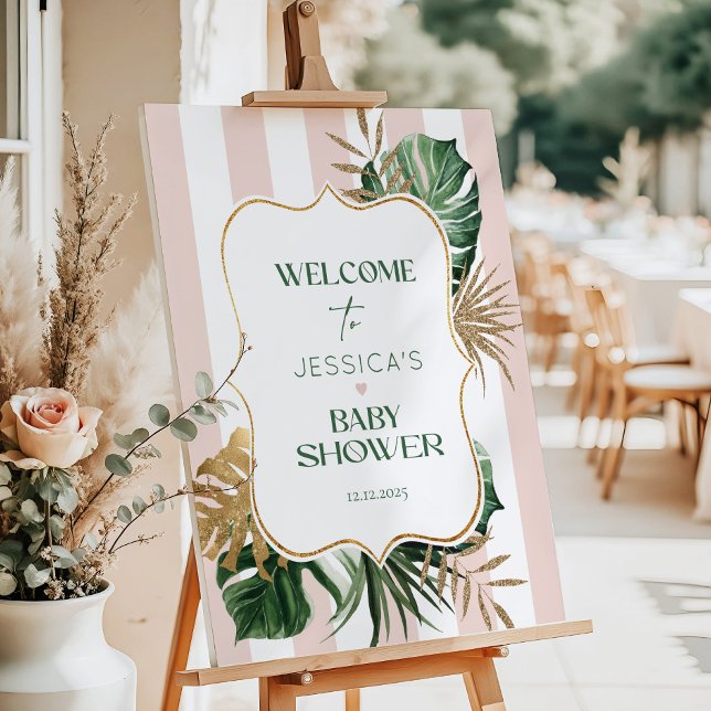 Tropical pink stripes baby shower welcome foam board (Creator Uploaded)
