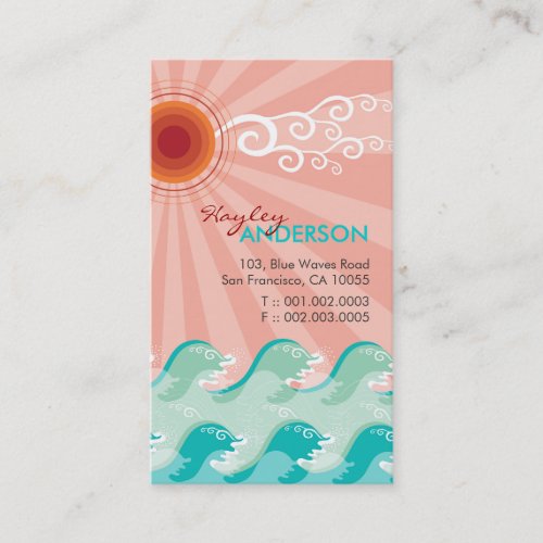 Tropical Pink Sun Aqua Waves Summer Beach Ocean Business Card