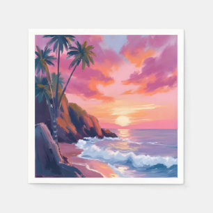 Tropical Pink Sunset Ocean Watercolor Napkins