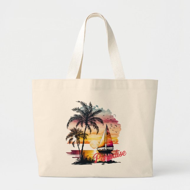 Tropical Pink Sunset Sailboat Palms Large Tote Bag (Front)