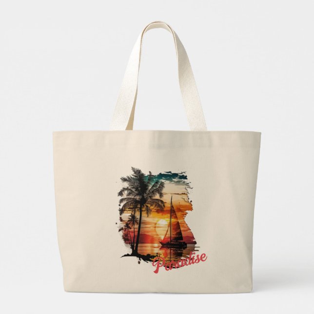 Tropical Pink Sunset Sailing Palms Large Tote Bag (Back)