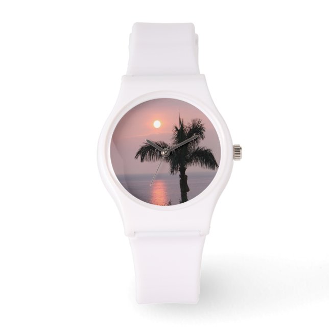 Tropical Pink Sunset Sky and Palm Sporty Watch (Front)
