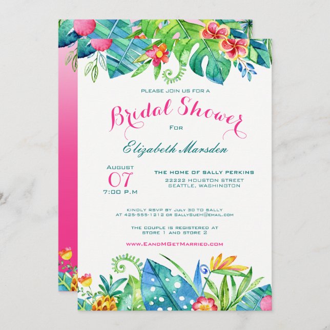 Tropical Pink Teal Floral Ombre Bridal Shower Invitation (Front/Back)