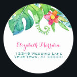 Tropical Pink Teal Floral Return Address Classic Round Sticker<br><div class="desc">This colorful tropical floral beach wedding return address sticker features elegant and trendy hand lettered script and the colors of berry pink, peacock pink, fuchsia, teal, turquoise blue, green, orange, yellow, and red, is perfect for the couple who will be having a destination wedding: on a Hawaiian beach, a Florida...</div>