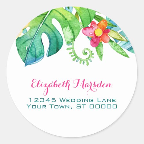 Tropical Pink Teal Floral Return Address Classic Round Sticker