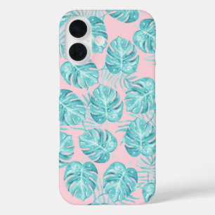 Tropical pink teal watercolor monster leave floral iPhone 16 case
