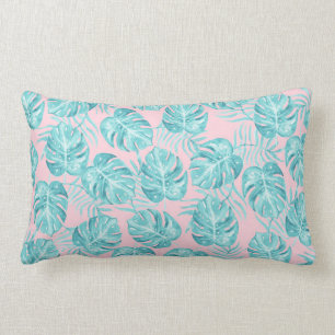 Tropical pink teal watercolor monster leave floral lumbar pillow