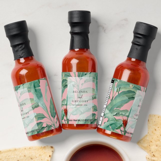 Tropical Pink Tropical Palm Banana Leaves Wedding Hot Sauces (Laydown)