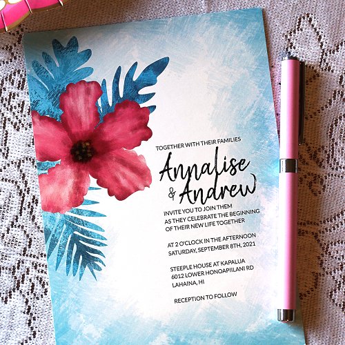 Tropical Pink Turquoise Hibiscus Island Wedding Invitation