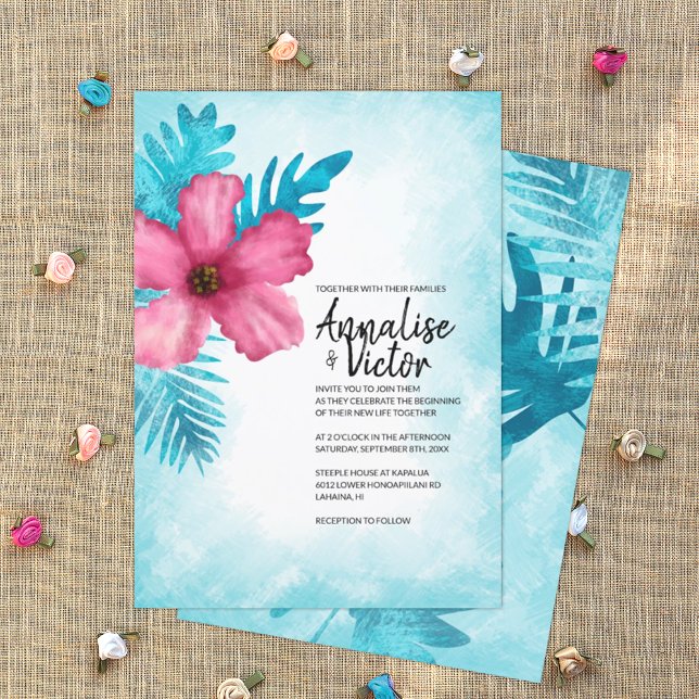 Tropical Pink Turquoise Hibiscus Island Wedding Invitation (turquoise and pink tropical wedding invitation card, pink hibiscus flowers, Hawaiian theme)