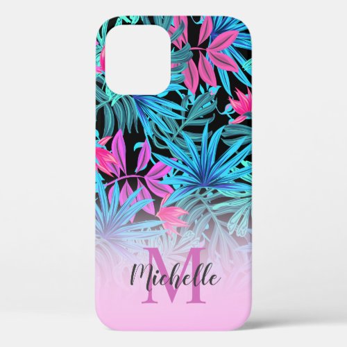 Tropical Pink Turquoise Palm Leafs Monogrammed  Ca iPhone 12 Case