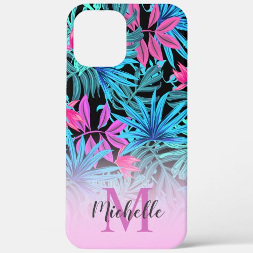 Tropical Pink Turquoise Palm Leafs Monogrammed  iPhone 12 Pro Max Case