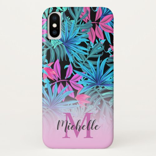 Tropical Pink Turquoise Palm Leaves Monogram Case_ iPhone XS Case