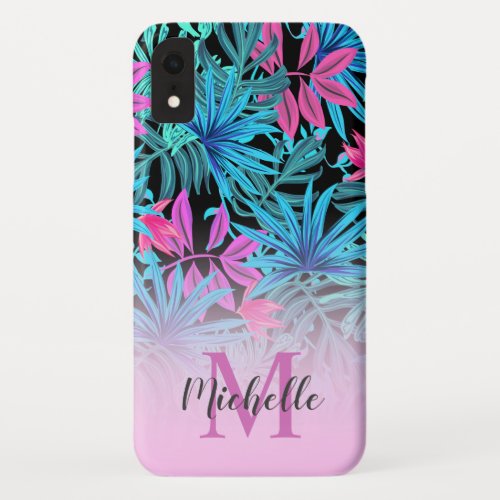Tropical Pink Turquoise Palm Leaves Monogram iPhone XR Case