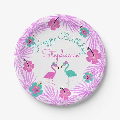 Tropical Pink Turquoise Palms Flamingo 7 Paper Plates
