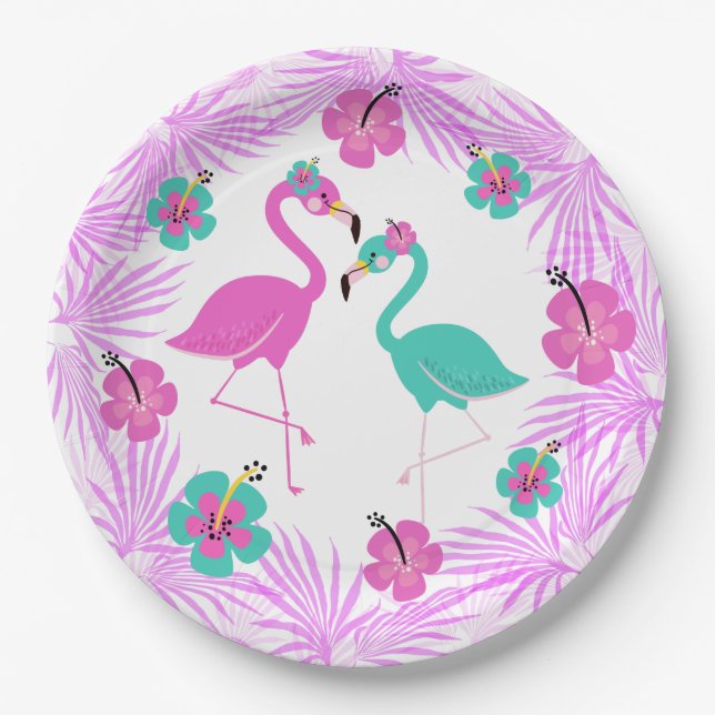 Tropical Pink Turquoise Palms Flamingo 9" Paper Plates (Front)