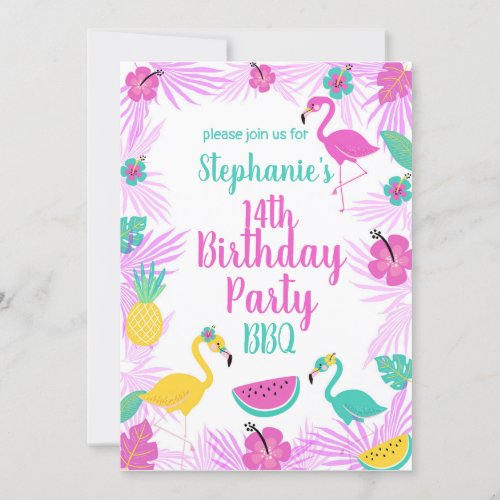 Tropical Pink Turquoise Palms Flamingo Birthday Invitation