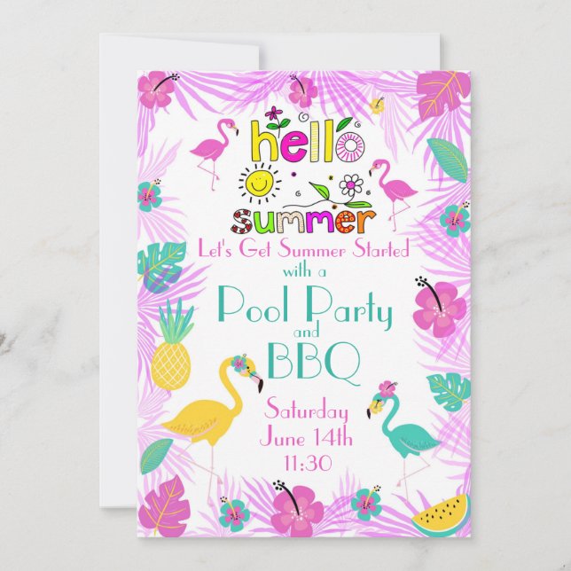 Tropical Pink Turquoise Palms Flamingo Themes Invitation (Front)