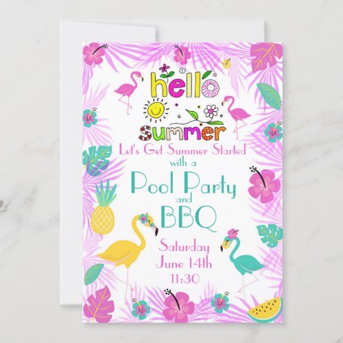 Tropical Pink Turquoise Palms Flamingo Themes Invitation