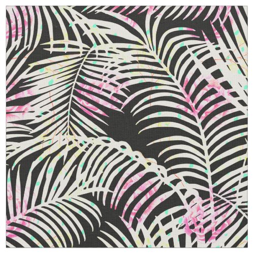 Tropical pink watercolor floral white palm tree fabric