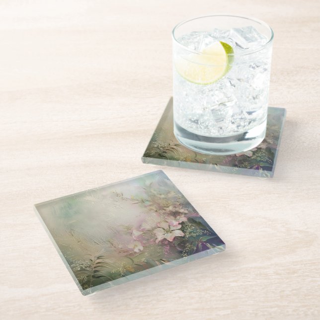 Tropical Pink White Floral  Glass Coaster (Angled)