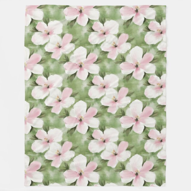 Tropical Pink White Flowers Fleece Blanket (Front)