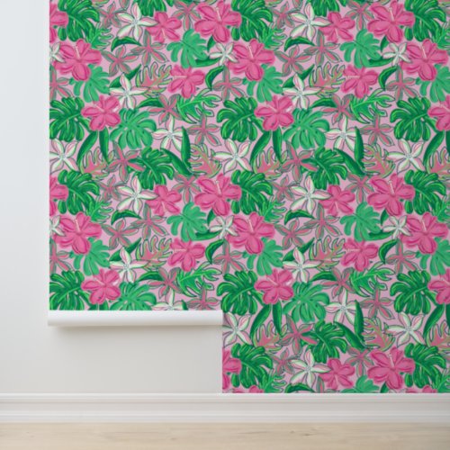 Tropical Pink White Flowers with Palm Leaves Wallpaper