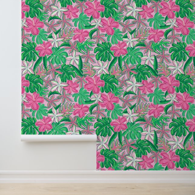 Tropical Pink White Flowers with Palm Leaves Wallpaper (Application)