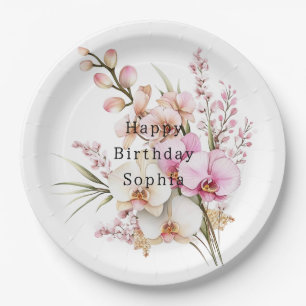 Tropical Pink White Orchid Flowers Birthday Paper Plates
